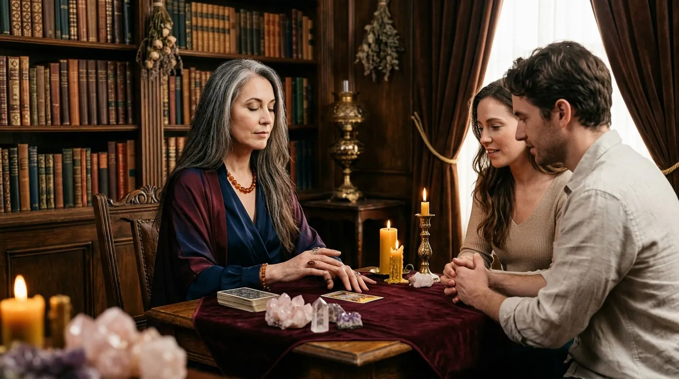 Femme lit les cartes de tarot pour un couple dans une bibliothèque.