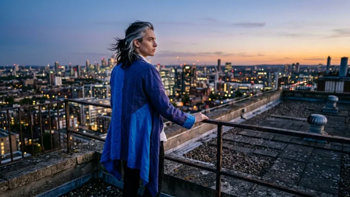 Homme en veste bleue observant la ville illuminée au coucher du soleil