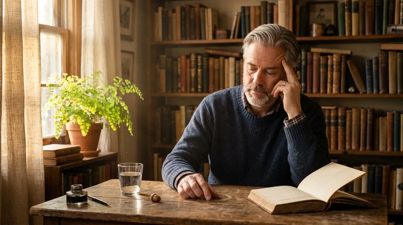 Homme pensif lisant un livre ancien dans une bibliothèque.