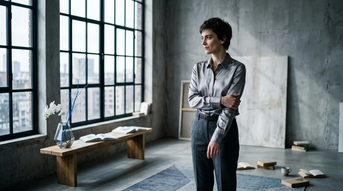 Femme en chemise grise regardant par fenêtre loft urbain