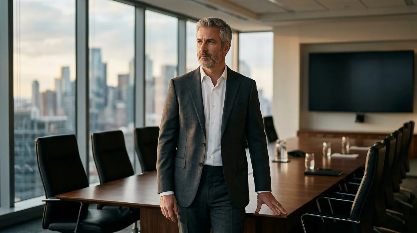 Homme en costume gris dans une salle de conférence panoramique