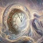 Figure éthérée devant une horloge ornementale brillante et magique