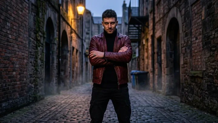 Homme en veste marron posant dans une ruelle pavée historique