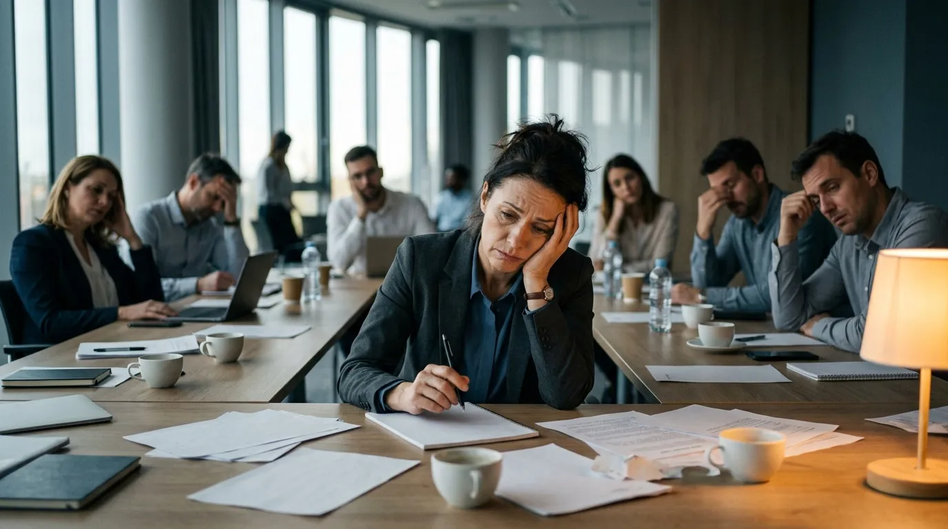 Femme préoccupée lors d'une réunion professionnelle avec collègues