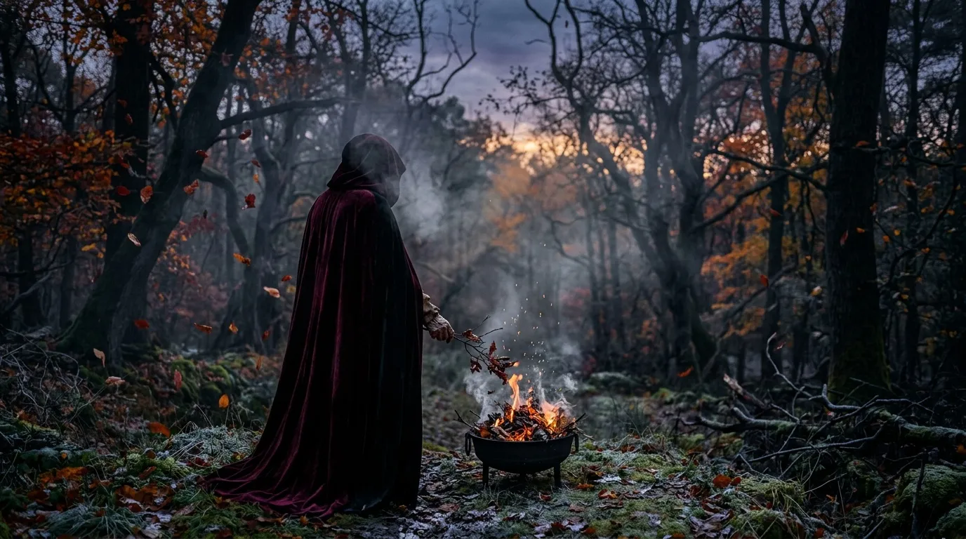 Silhouette en cape rouge près d'un feu en forêt automnale